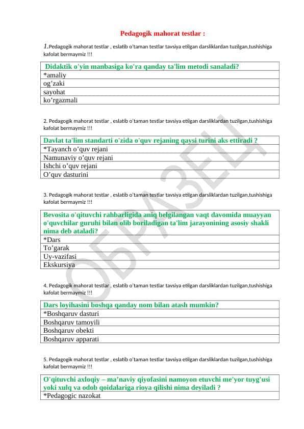 Pedagogik mahorat testlar