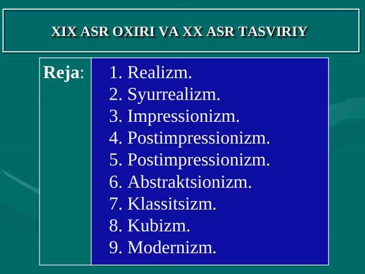 XIX ASR OXIRI VA XX ASR TASVIRIY
