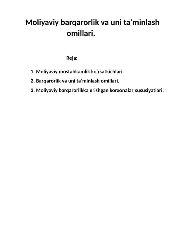 Moliyaviy barqarorlik va uni ta'minlash omillari.