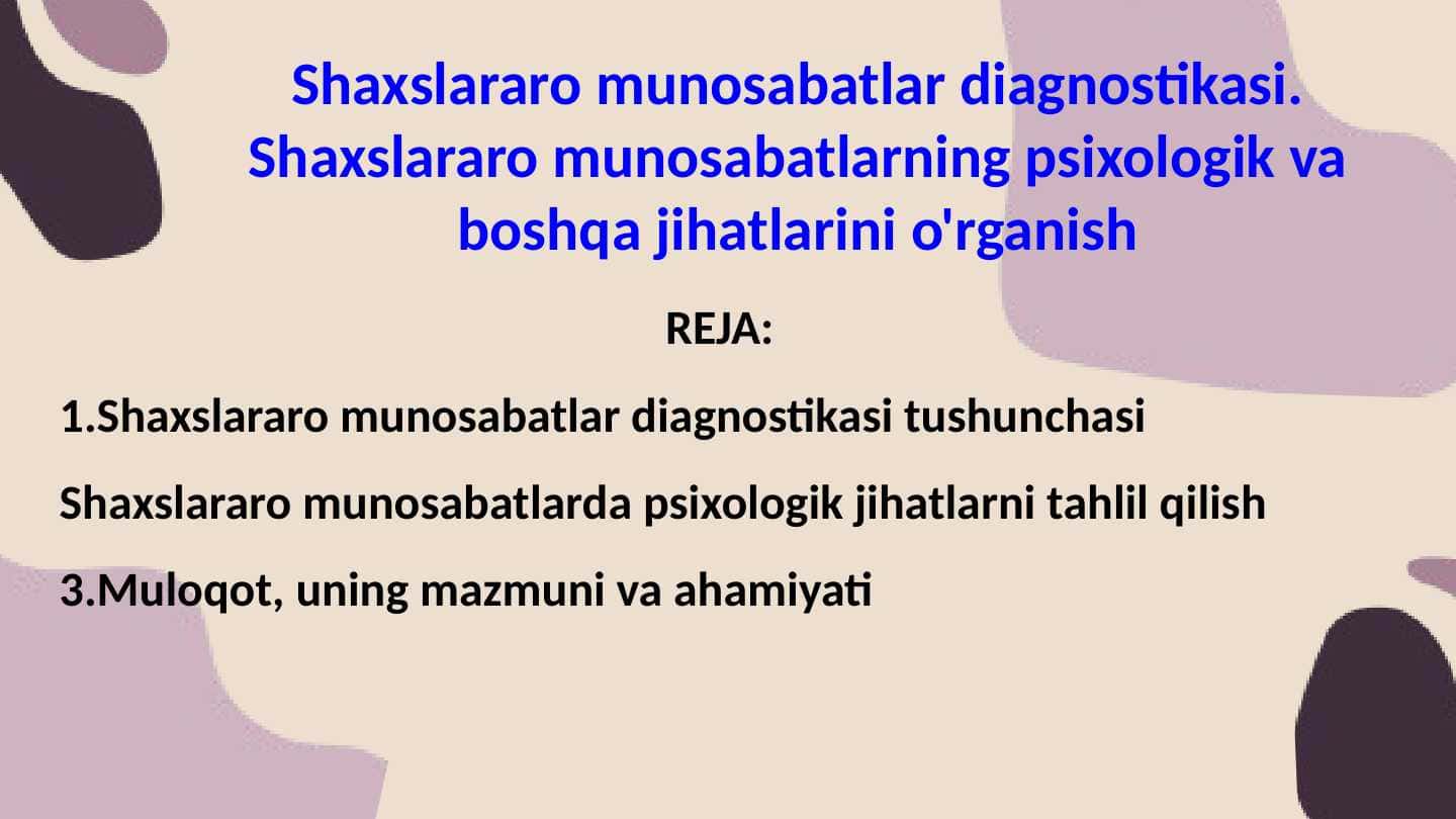 Shaxslararo munosabatlar diagnostikasi. Shaxslararo munosabatlarning psixologik va boshqa jihatlarini o'rganish