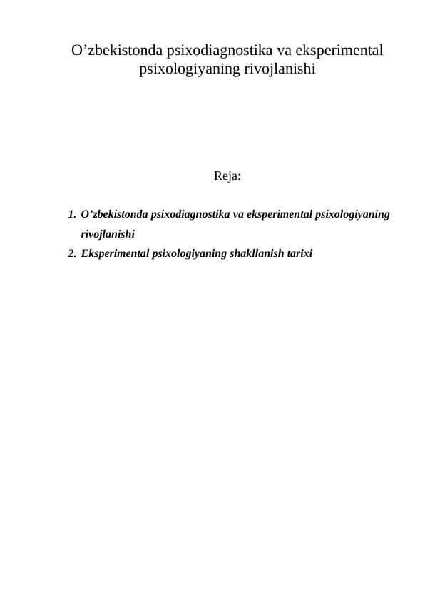 O'zbekistonda psixodiagnostika va eksperimental psixologiyaning rivojlanishi