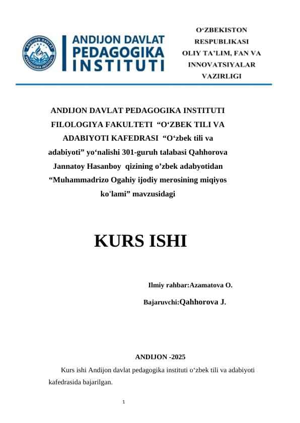Muhammadrizo Ogahiy ijodiy merosining miqiyos ko'lami KURS ISHI