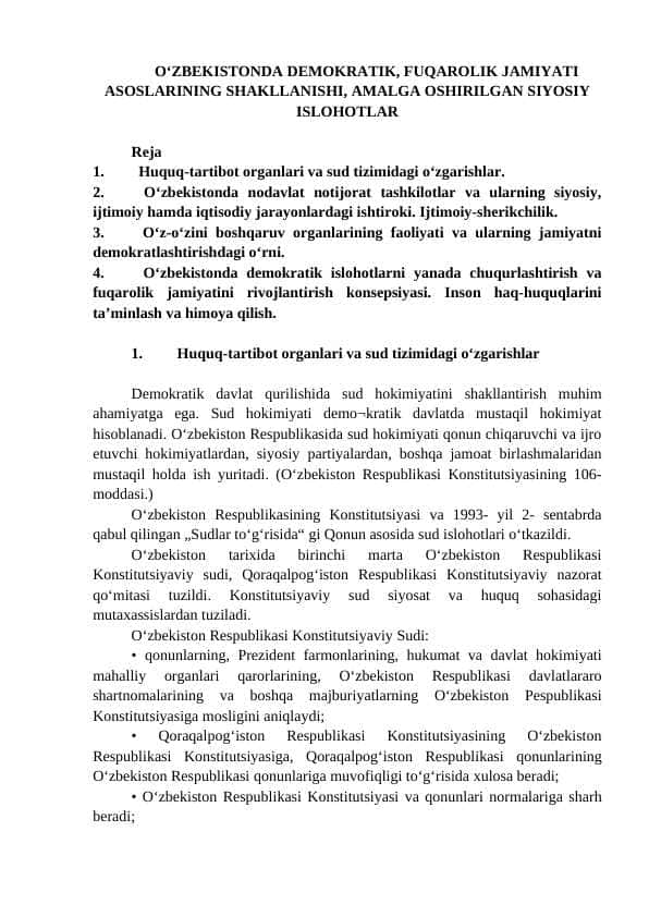 O‘ZBEKISTONDA DEMOKRATIK, FUQAROLIK JAMIYATI ASOSLARINING SHAKLLANISHI, AMALGA OSHIRILGAN SIYOSIY ISLOHOTLAR