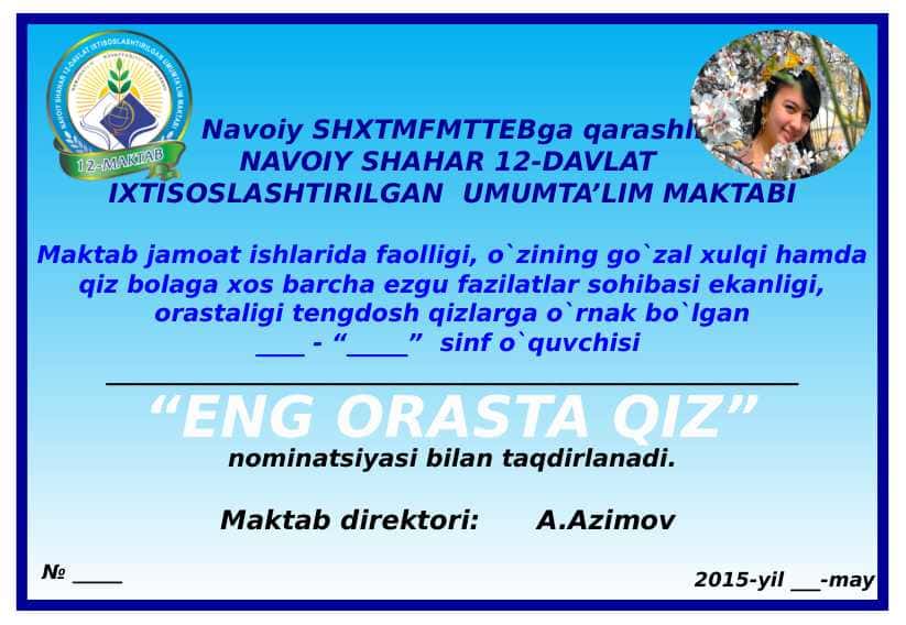 Faxriy yorliq,tashakkurnoma, taqdirlash