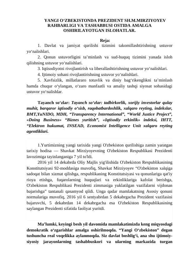 YANGI O‘ZBEKISTONDA PREZIDENT SH.M.MIRZIYOYEV RAHBARLIGI VA TASHABBUSI OSTIDA AMALGA OSHIRILAYOTGAN ISLOHATLAR