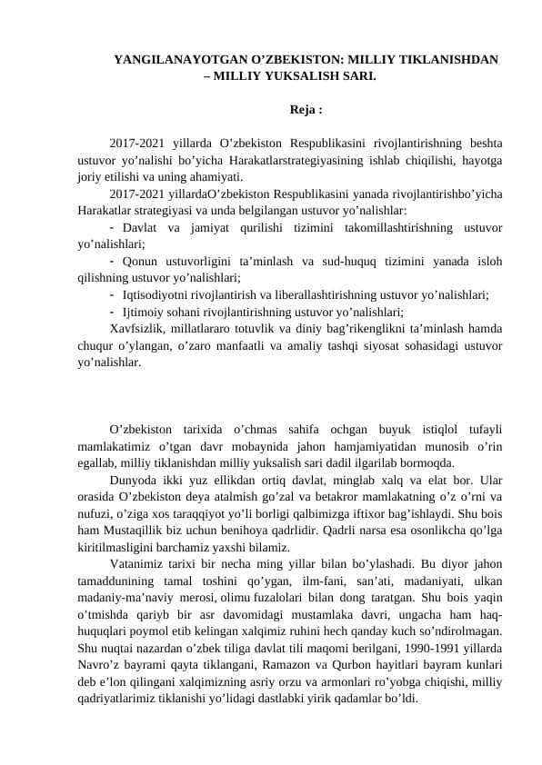 YANGILANAYOTGAN O’ZBEKISTON: MILLIY TIKLANISHDAN – MILLIY YUKSALISH SARI