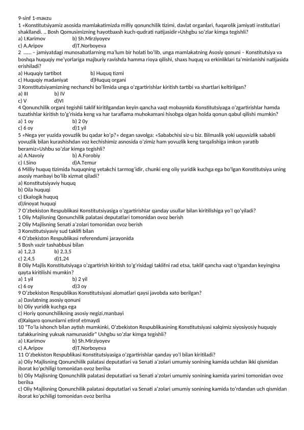 Abiturentlar uchun test 9 sinf