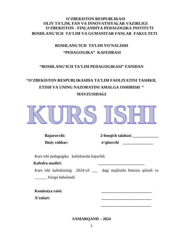 O‘ZBEKISTON RESPUBLIKASIDA TA’LIM FAOLIYATINI TASHKIL ETISH VA UNING NAZORATINI AMALGA OSHIRISH