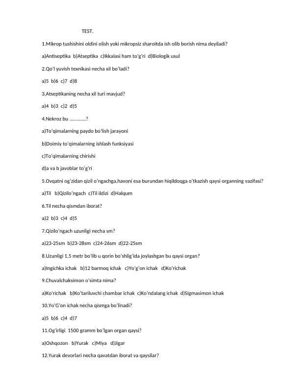 Hamshiralik testi . Xamshiralik test . 100 talik test javoblari bilan