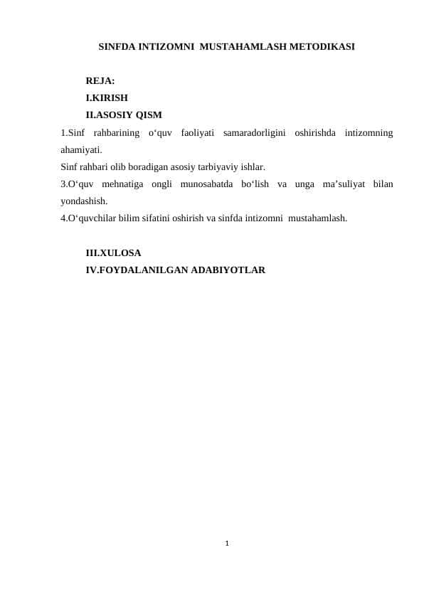 SINFDA INTIZOMNI MUSTAHAMLASH METODIKASI