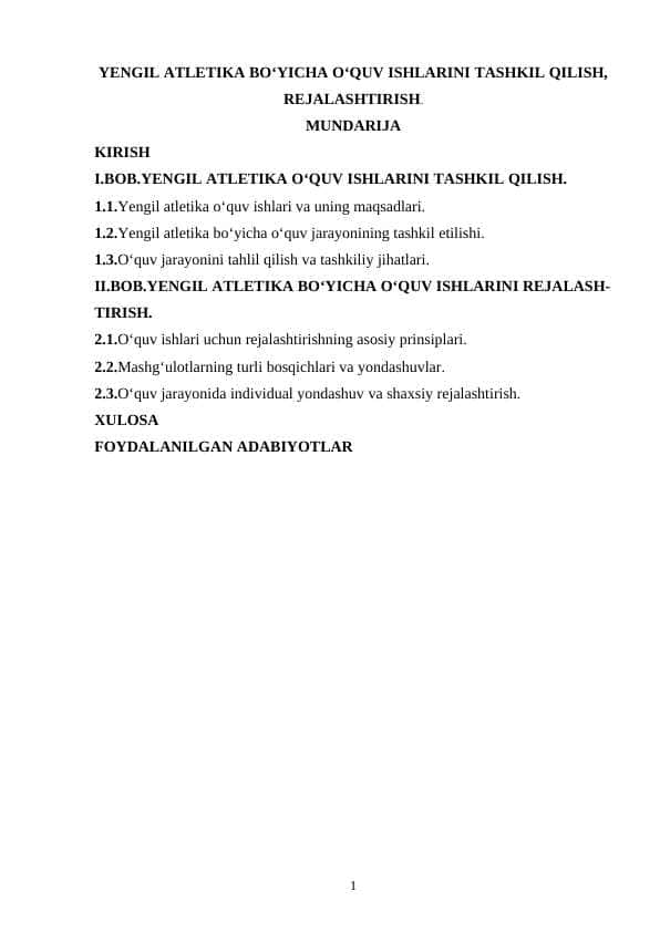 YENGIL ATLETIKA BO‘YICHA O‘QUV ISHLARINI TASHKIL QILISH, REJALASHTIRISH
