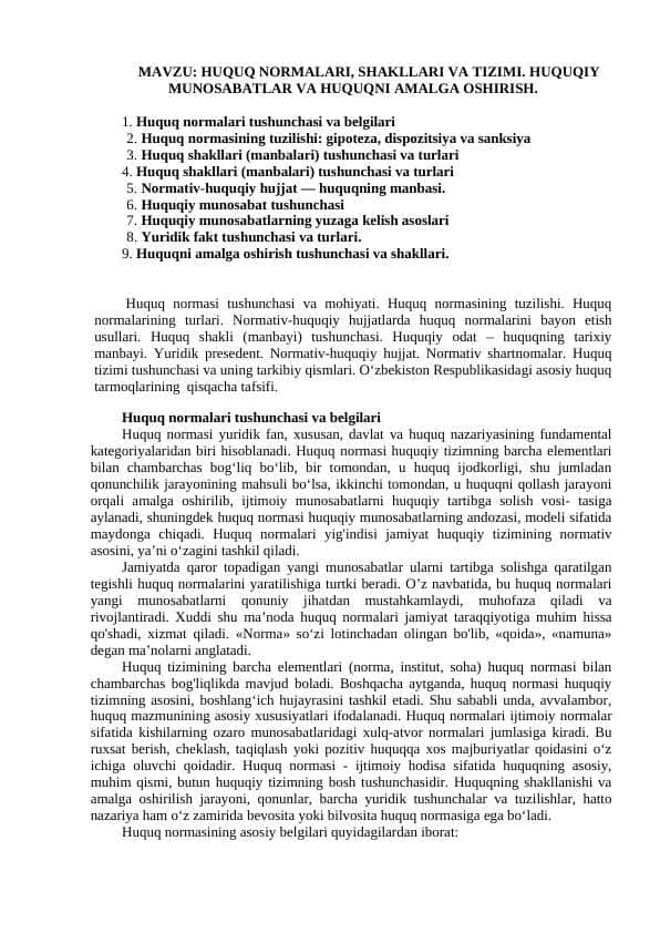 HUQUQ NORMALARI, SHAKLLARI VA TIZIMI. HUQUQIY MUNOSABATLAR VA HUQUQNI AMALGA OSHIRISH