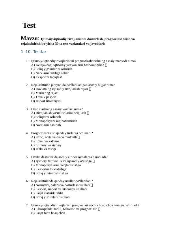 Mavzu: Ijtimoiy-iqtisodiy rivojlanishni dasturlash, prognozlashtirish va rejalashtirish bo‘yicha 30 ta test variantlari va javoblari:
