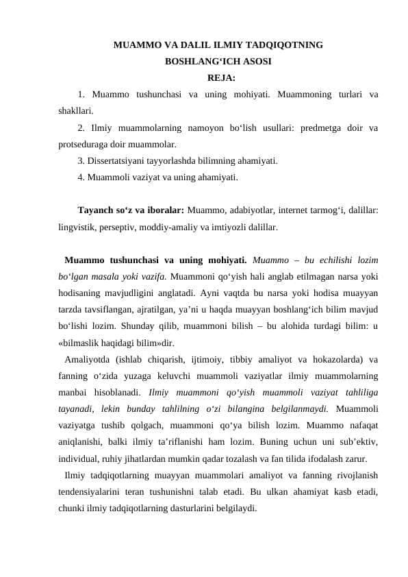 MUAMMO VA DALIL ILMIY TADQIQOTNING BOSHLANG‘ICH ASOSI
