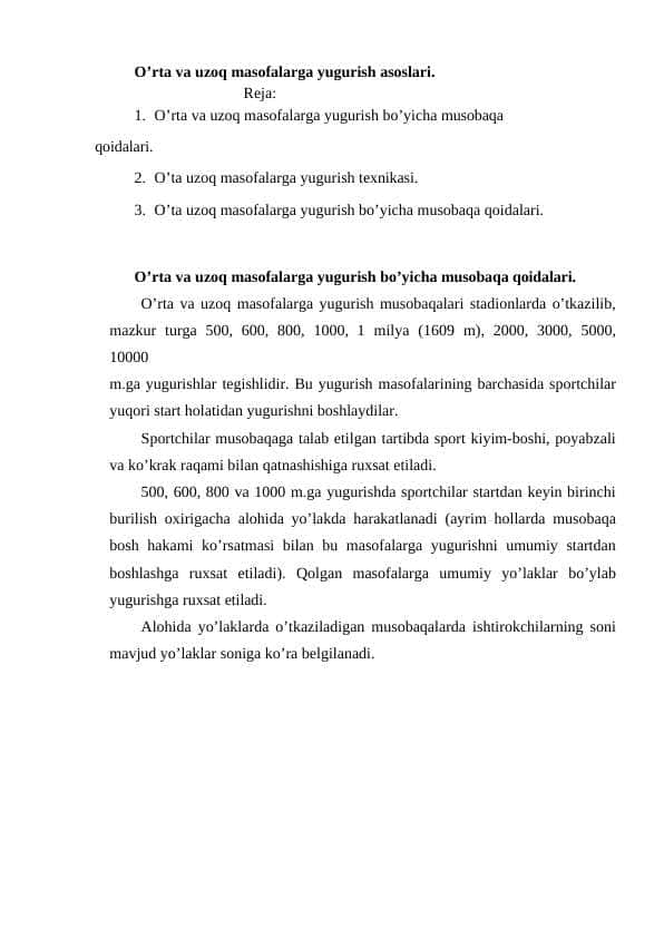 O’rta va uzoq masofalarga yugurish asoslari