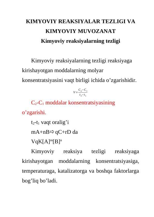 Kimyoviy reaksiyalar tezligi va kimyoviy muvozanat