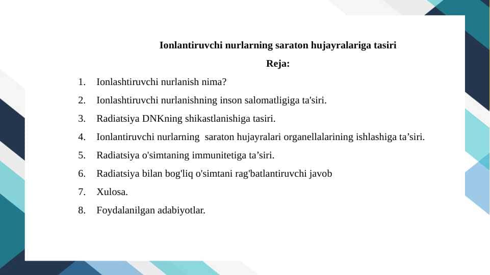 Ionlantiruvchi nurlarning saraton hujayralariga tasiri