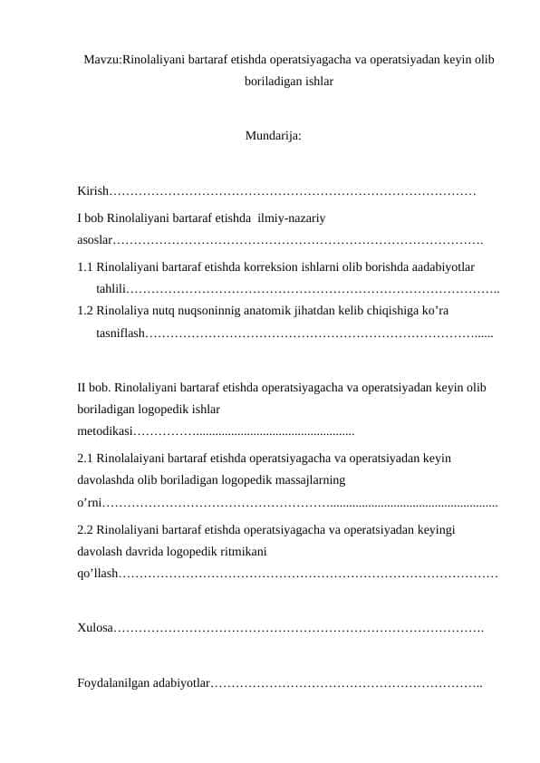 Rinolaliyani bartaraf etishda operatsiyagacha va operatsiyadan keyin olib boriladigan ishlar