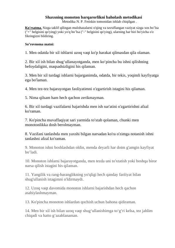 Shaxsning monoton barqarorlikni baholash metodikasi