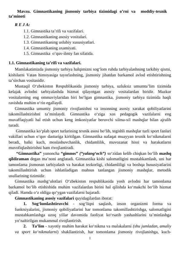 Gimnastikaning jismoniy tarbiya tizimidagi o’rni va moddiy-texnik ta’minoti