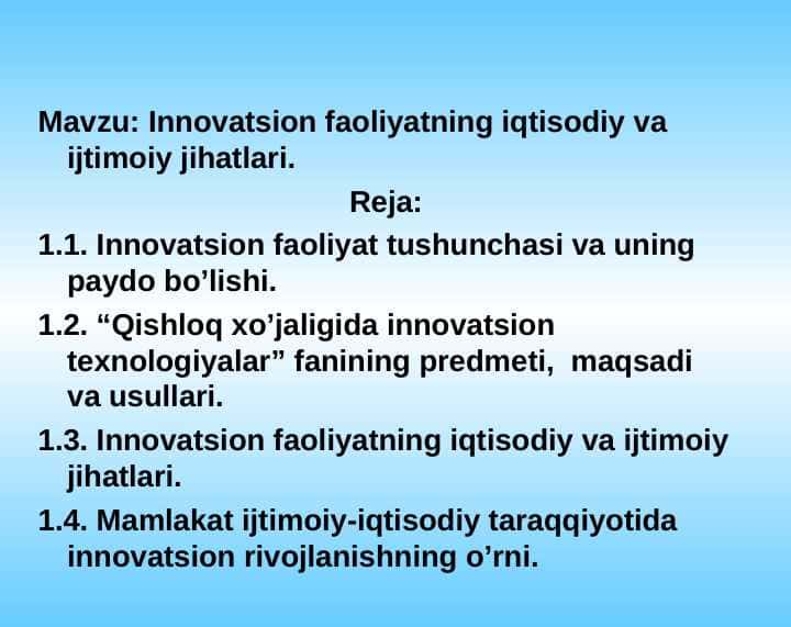 Innovatsion faoliyatning iqtisodiy va ijtimoiy jihatlari