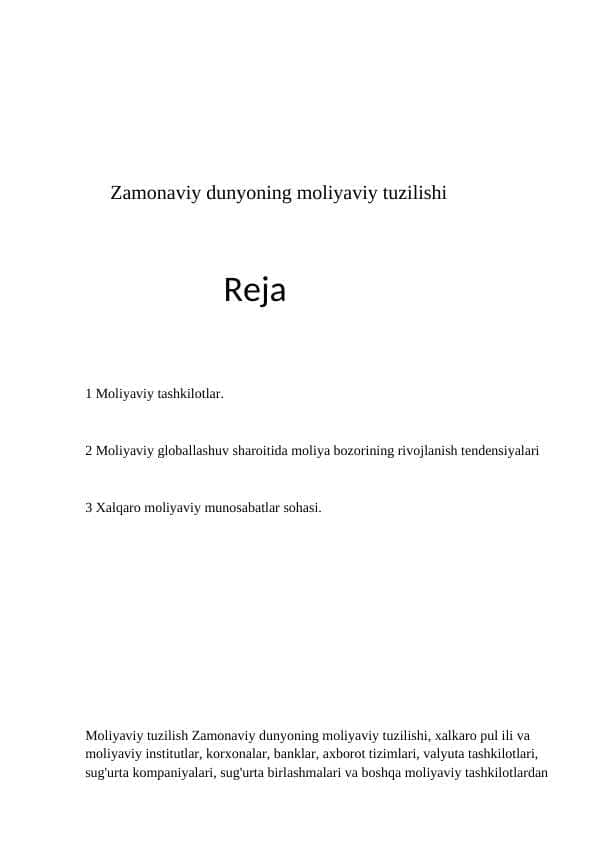 Zamonaviy dunyoning moliyaviy tuzilishi