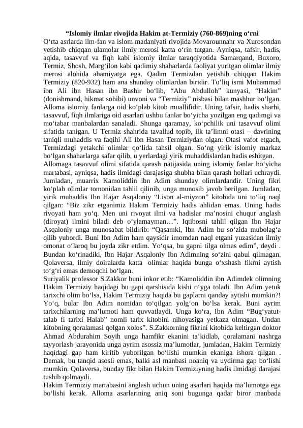 “Islomiy ilmlar rivojida Hakim at-Termiziy (760-869)ning oʻrni
