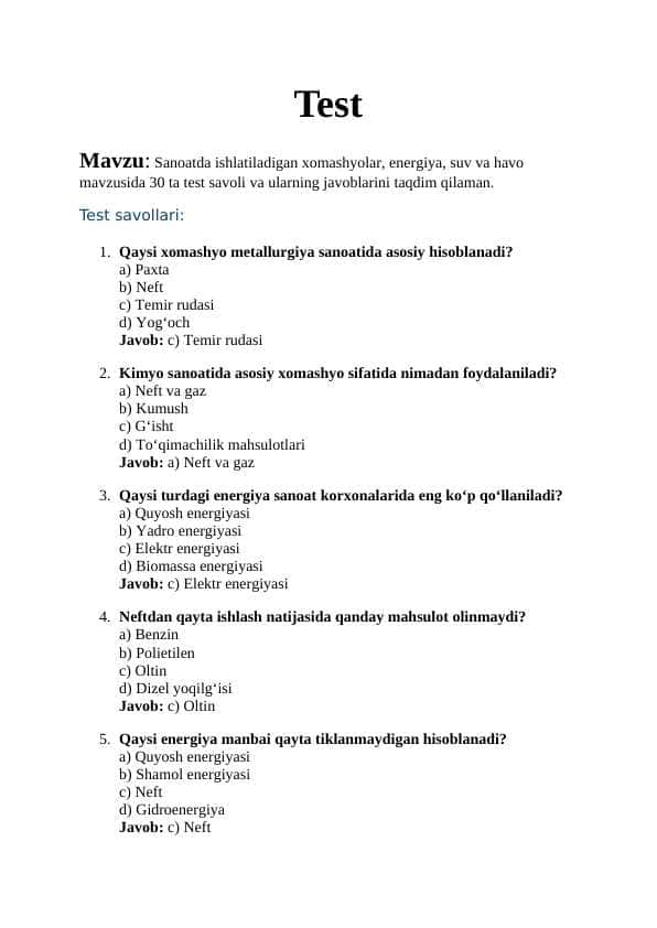 Mavzu: Sanoatda ishlatiladigan xomashyolar, energiya, suv va havo mavzusida 30 ta test savoli va ularning javoblari