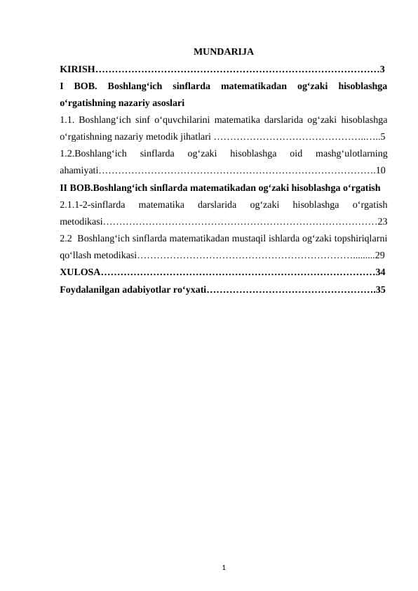 Birinchi sinflarda matematikadan og'zaki hisoblashga o'rgatish metodikasi. mavzusida kurs ishi