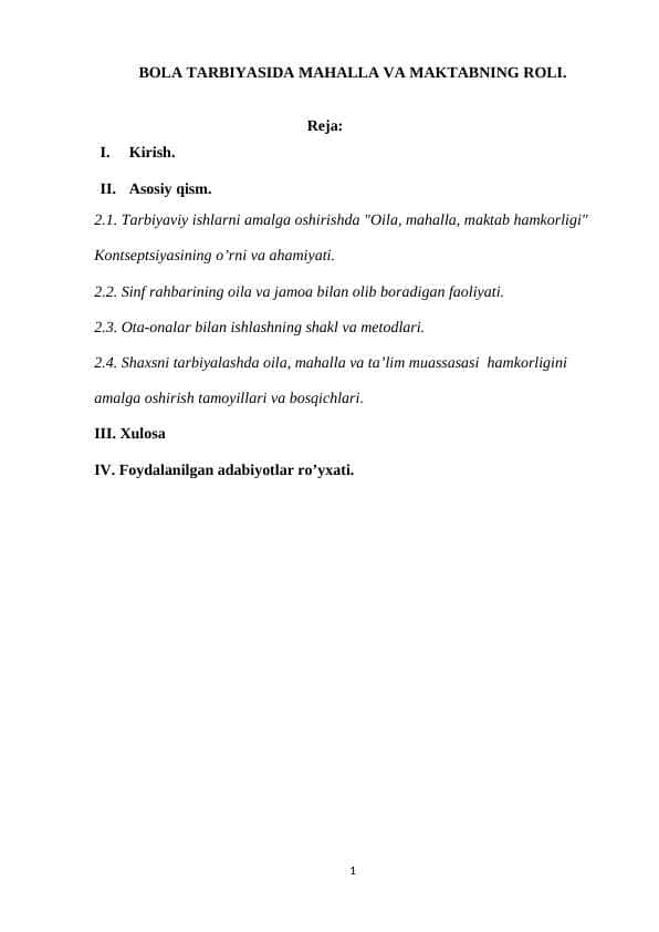 BOLA TARBIYASIDA MAHALLA VA MAKTABNING ROLI