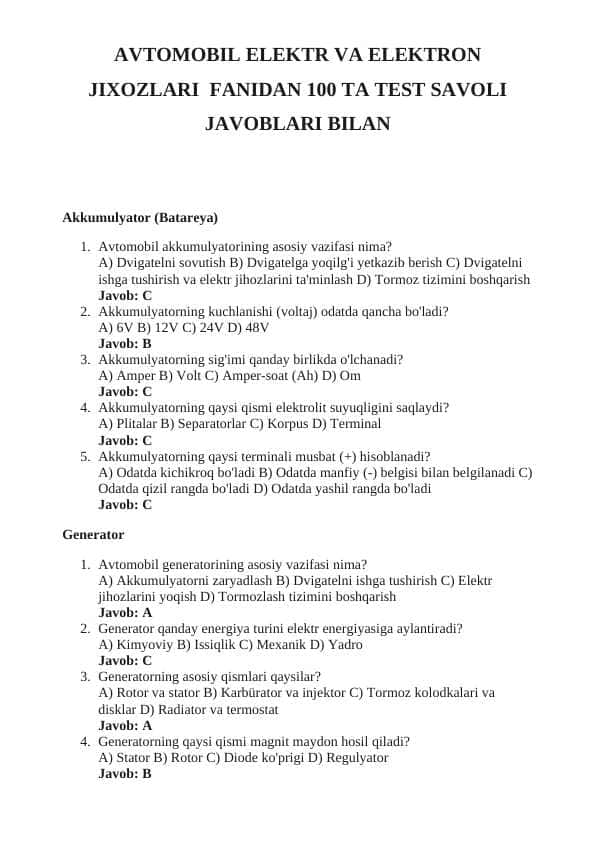 AVTOMOBIL ELEKTR VA ELEKTRON JIXOZLARI FANIDAN 100 TA TEST