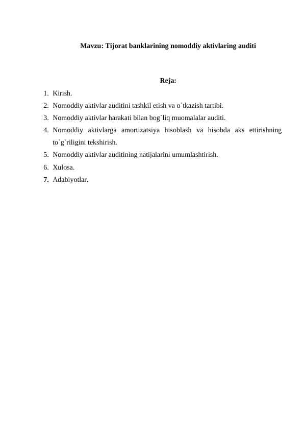 Tijorat banklarining nomoddiy aktivlaring auditi