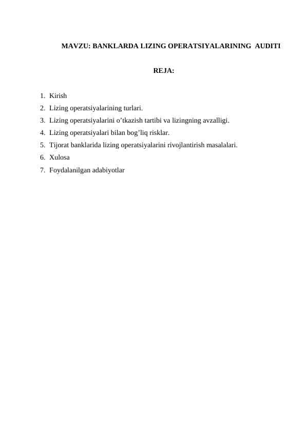 BANKLARDA LIZING OPERATSIYALARINING AUDITI