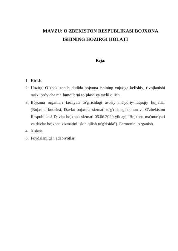 O'ZBEKISTON RESPUBLIKASI BOJXONA ISHINING HOZIRGI HOLATI