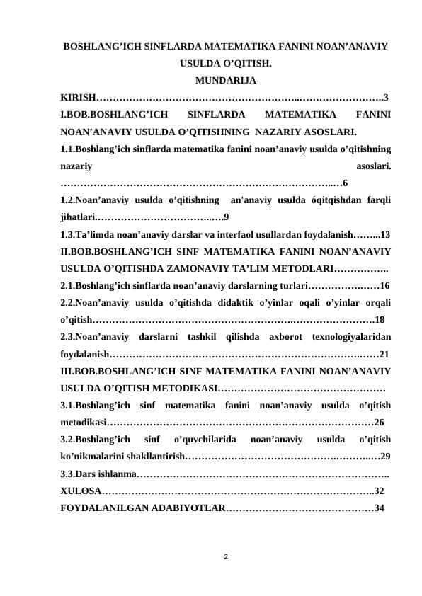 BOSHLANG’ICH SINFLARDA MATEMATIKA FANINI NOAN’ANAVIY USULDA O’QITISH