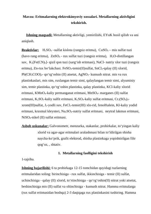 Eritmalarning elektrokimyoviy xossalari. Metallarning aktivligini tekshirish