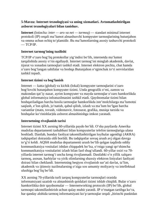 Internet texnologiyasi va uning xizmatlari
