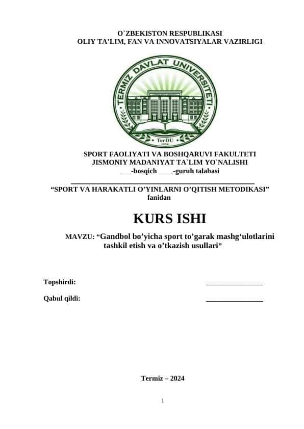 Gandbol bo’yicha sport to’garak mashg‘ulotlarini tashkil etish va o’tkazish usullari