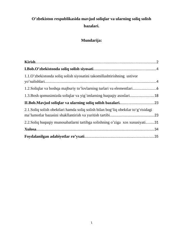 O’zbekiston respublikasida mavjud soliqlar va ularning soliq solish bazalari.
