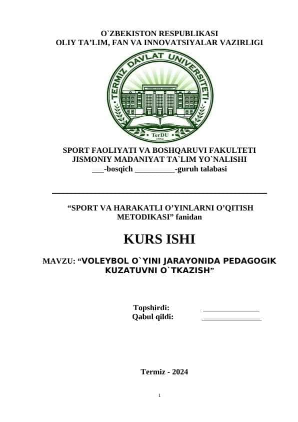 VOLEYBOL O`YINI JARAYONIDA PEDAGOGIK KUZATUVNI O`TKAZISH
