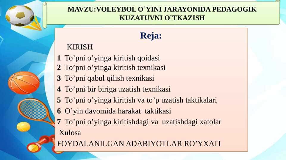 VOLEYBOL O`YINI JARAYONIDA PEDAGOGIK KUZATUVNI O`TKAZISH