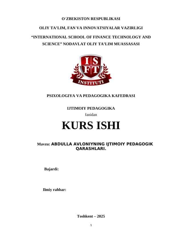 ABDULLA AVLONIYNING IJTIMOIY PEDAGOGIK QARASHLARI