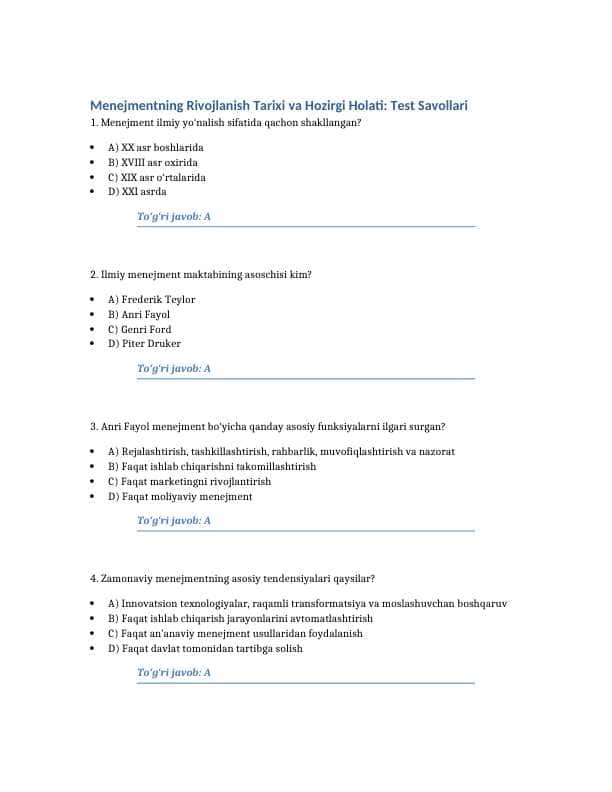 Menejmentning rivojlanish tarixi va hozirgi holati. 100 TA TEST JAVOBLARI BILAN