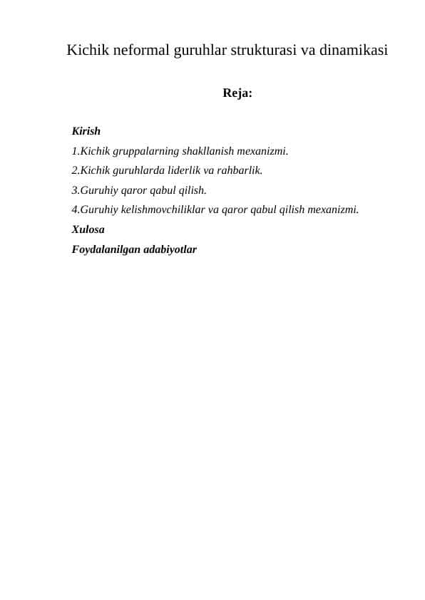 Kichik neformal guruhlar strukturasi va dinamikasi KURS ISHI