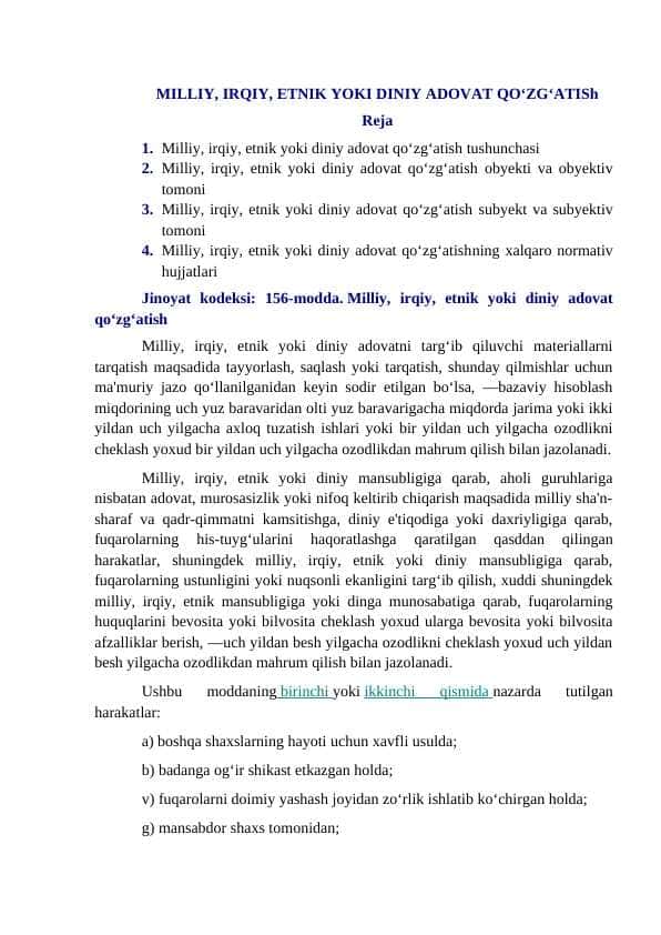 MILLIY, IRQIY, ETNIK YOKI DINIY ADOVAT QOʻZGʻATISh