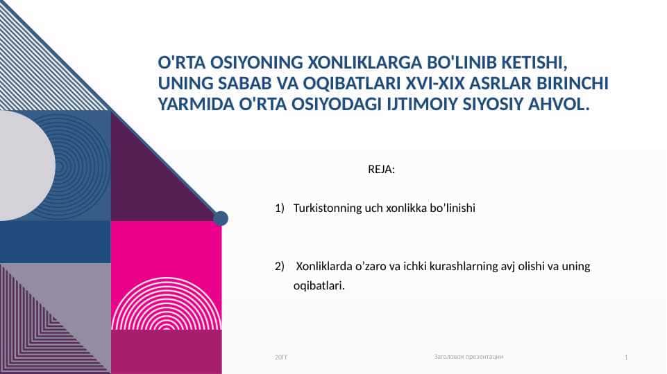 O'rta Osiyoning xonliklarga bo'linib ketishi.XVI-XIX-asrda ijtimoiy siyosiy ahvol.