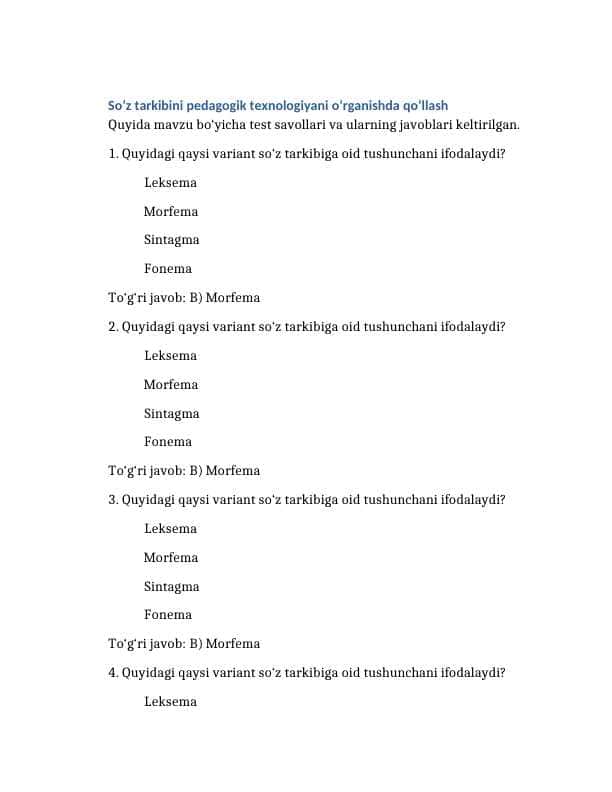 So‘z tarkibini pedagogik texnologiyani o‘rganishda qo‘llash. 100 TA TEST JAVOBLARI BILAN