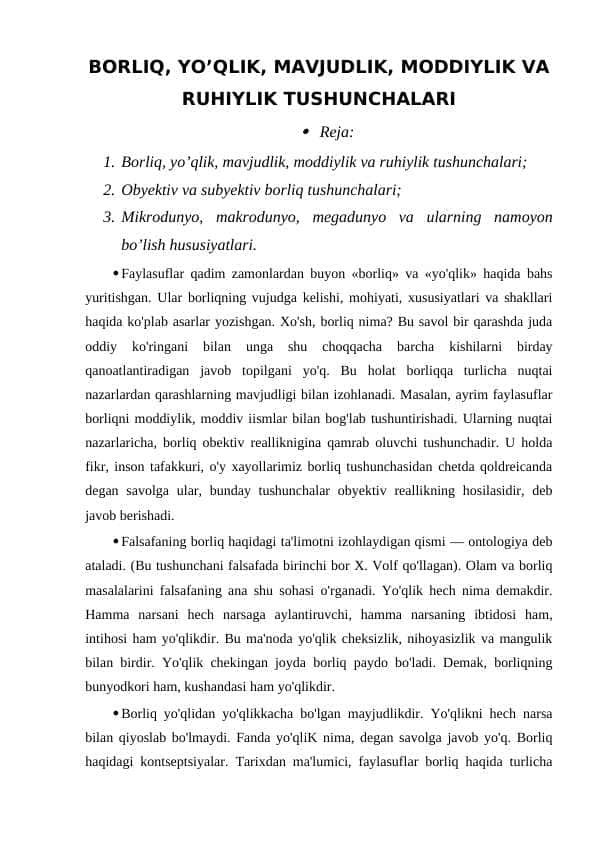 BORLIQ, YO’QLIK, MAVJUDLIK, MODDIYLIK VA RUHIYLIK TUSHUNCHALARI