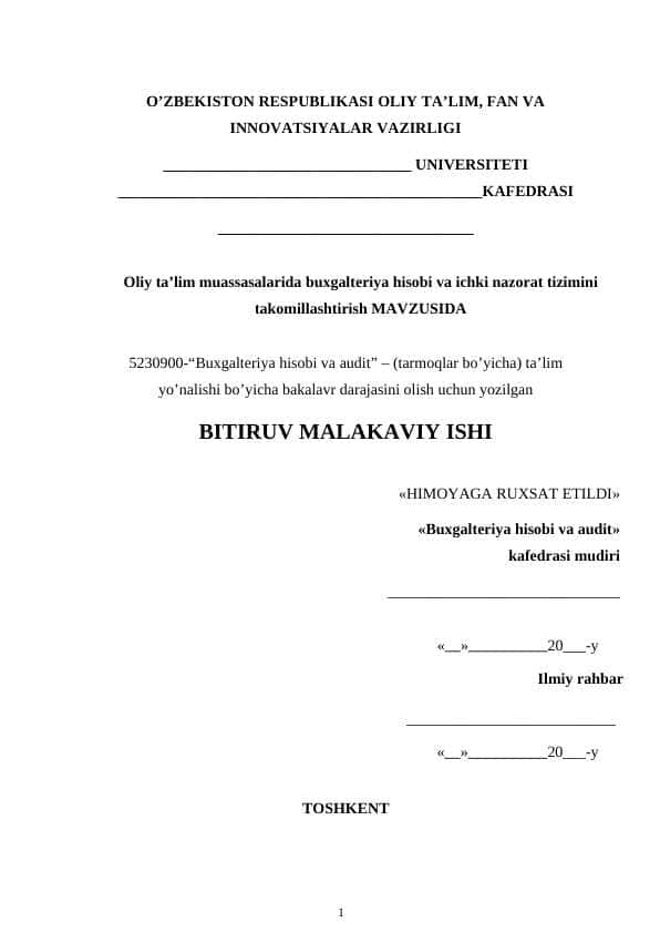 Oliy ta’lim muassasalarida buxgalteriya hisobi va ichki nazorat tizimini takomillashtirish
