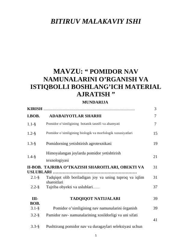 Pomidor nav namunalarini o’rganish va istiqbolli boshlang’ich material ajratish